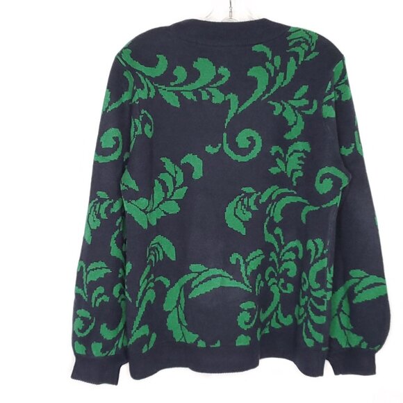 G.I.L.I. Womens Floral Crew Sweater XL Navy Blue Green Jacquard Knit Old Money - Picture 3 of 4